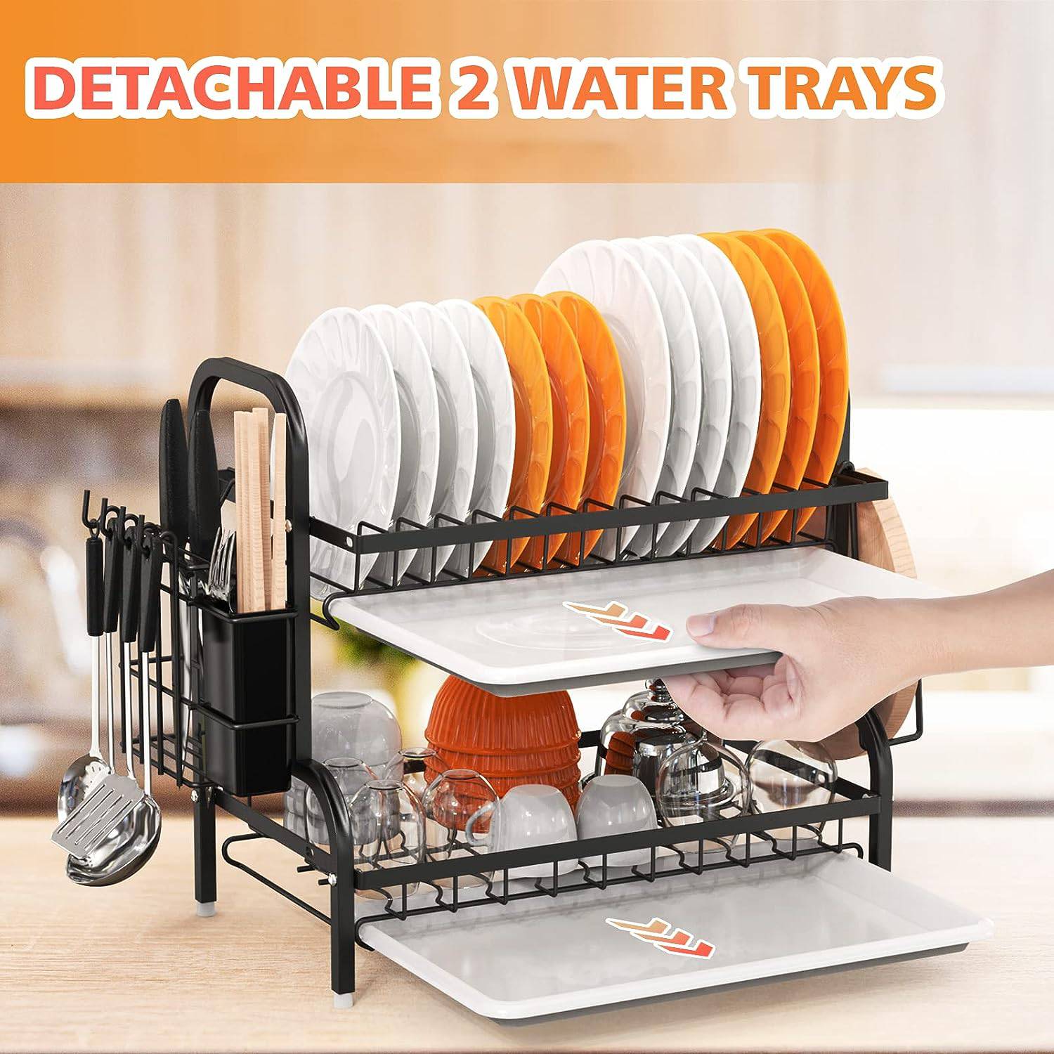 Dish Drying Rack, 2-Tier Dish Racks For Kitchen Counter, Sink Dish Drainer With Drainboard, Utensil Holder And Cutting Board Holder, Stainless Steel Kitchen Drying Rack-Black - Growtochoice LLC