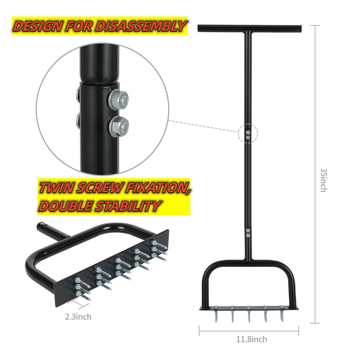 Lawn Aerator Tool Manual Metal Spike Grass Aeration With Dethatching Rake 15 Iron Spikes For Yard And Garden Compacted Soil Aerator Tool Black - Growtochoice LLC