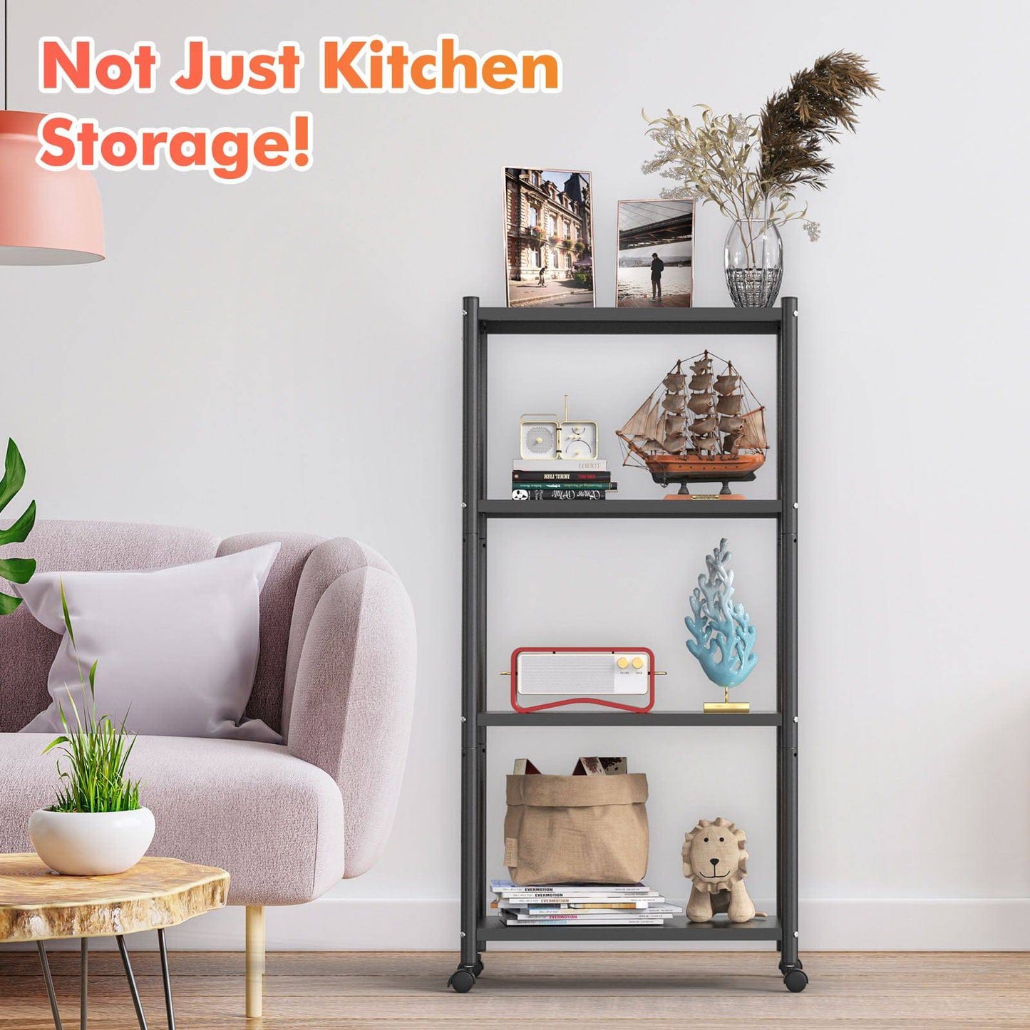 Ambitelligence Kitchen Bakers Rack, Heavy Duty Bakers Rack 4-Tier Free Standing Kitchen Storage Shelf Rack Hight Adjustable With Wheels & Feet, Industrial Metal Microwave Oven Stand Black - Growtochoice LLC