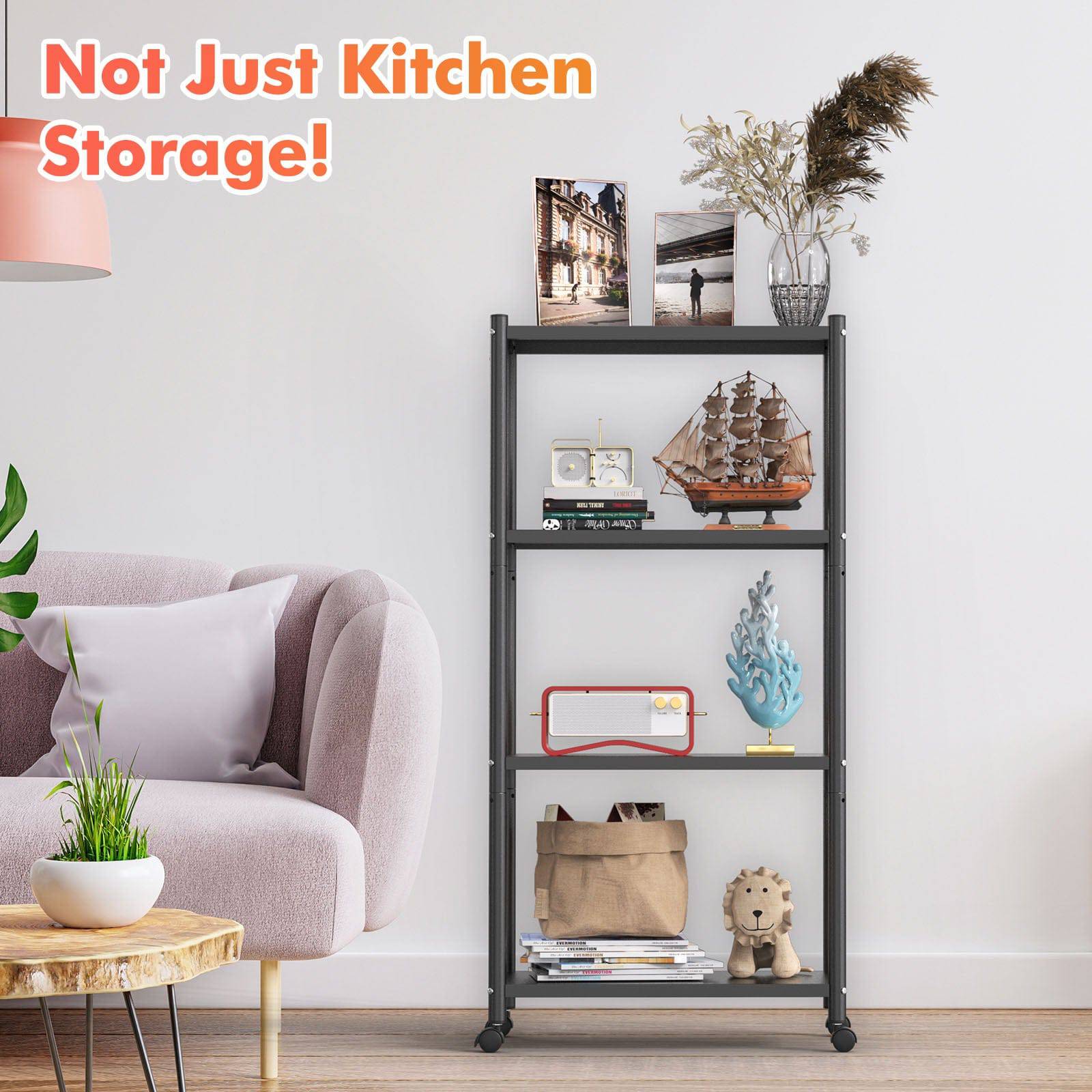 Ambitelligence Kitchen Bakers Rack, Heavy Duty Bakers Rack 4-Tier Free Standing Kitchen Storage Shelf Rack Hight Adjustable With Wheels & Feet, Industrial Metal Microwave Oven Stand Black - Growtochoice LLC