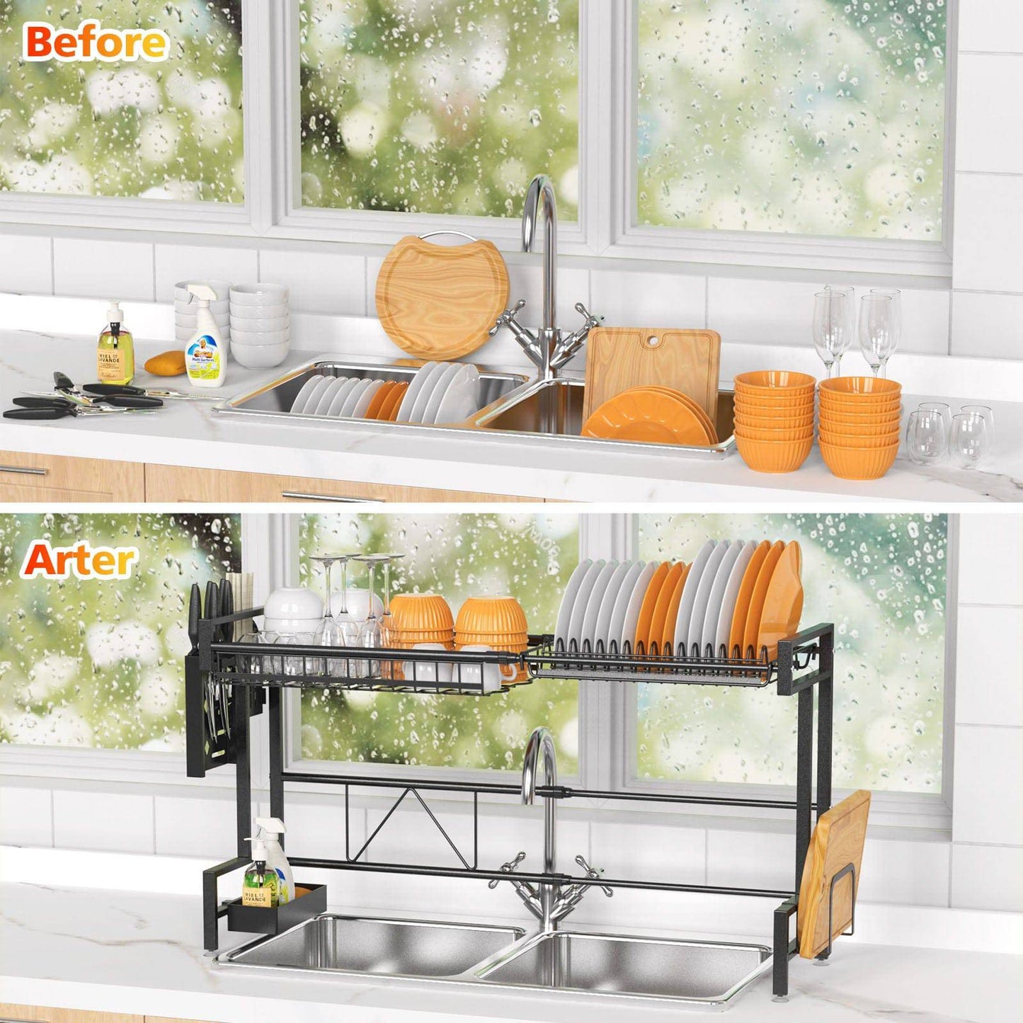 Over The Sink Dish Drying Rack, 2 Tiers Stainless Steel Dish Racks For Kitchen Counter, Large Dish Drainer With Utensil Holder, Cutting Board Holder, Kitchen Drying Rack-Black - Growtochoice LLC