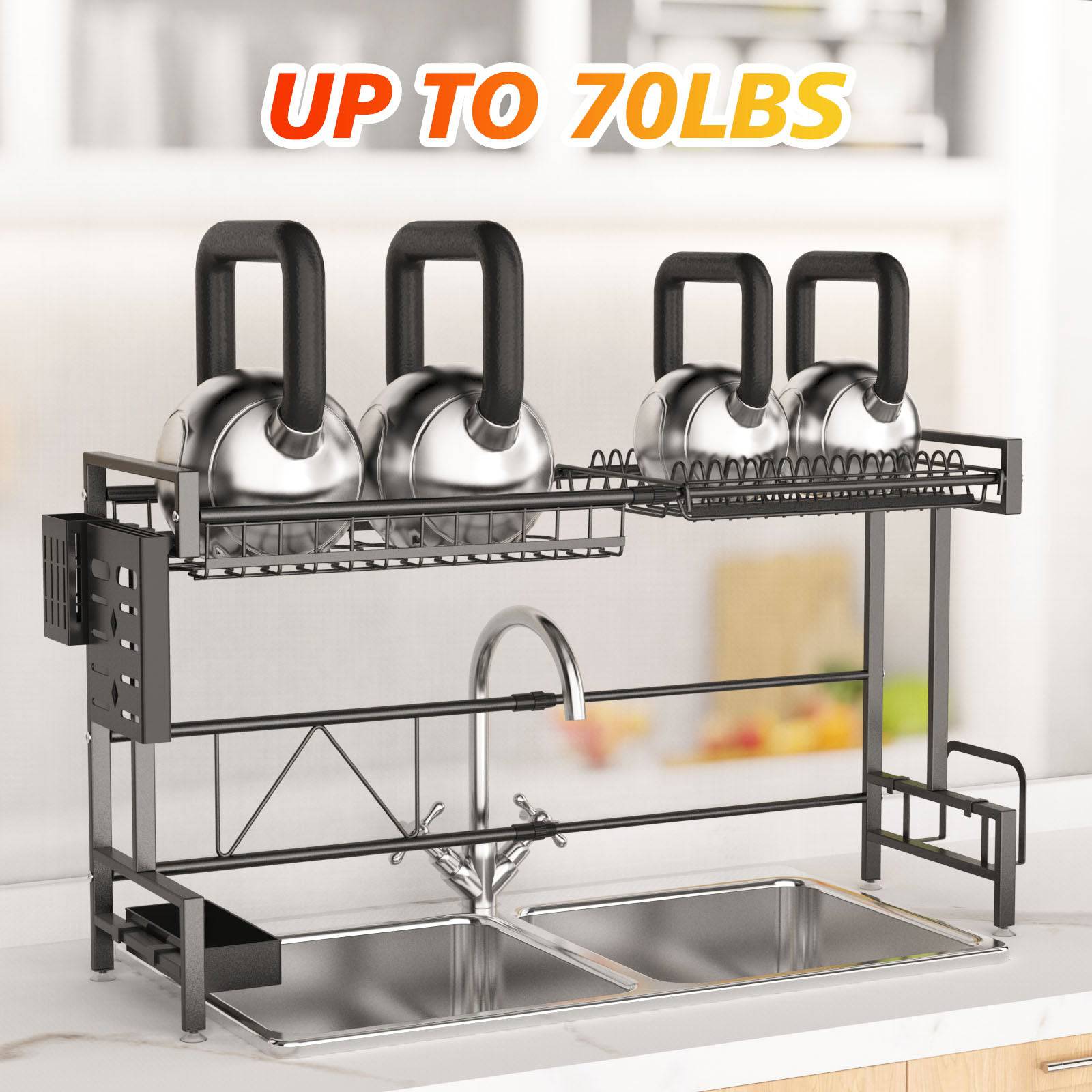 Over The Sink Dish Drying Rack, 2 Tiers Stainless Steel Dish Racks For Kitchen Counter, Large Dish Drainer With Utensil Holder, Cutting Board Holder, Kitchen Drying Rack-Black - Growtochoice LLC