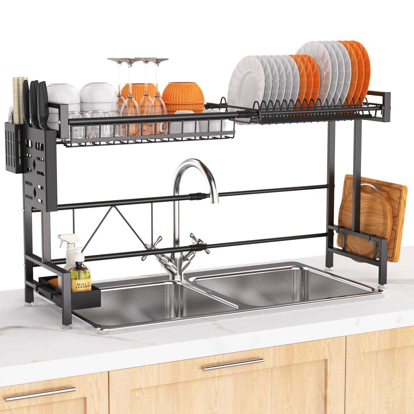 Over The Sink Dish Drying Rack, 2 Tiers Stainless Steel Dish Racks For Kitchen Counter, Large Dish Drainer With Utensil Holder, Cutting Board Holder, Kitchen Drying Rack-Black - Growtochoice LLC