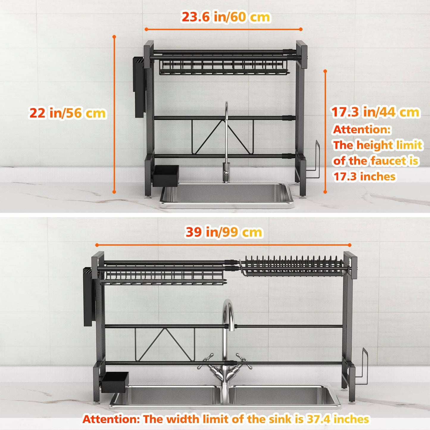 Over The Sink Dish Drying Rack, 2 Tiers Stainless Steel Dish Racks For Kitchen Counter, Large Dish Drainer With Utensil Holder, Cutting Board Holder, Kitchen Drying Rack-Black - Growtochoice LLC