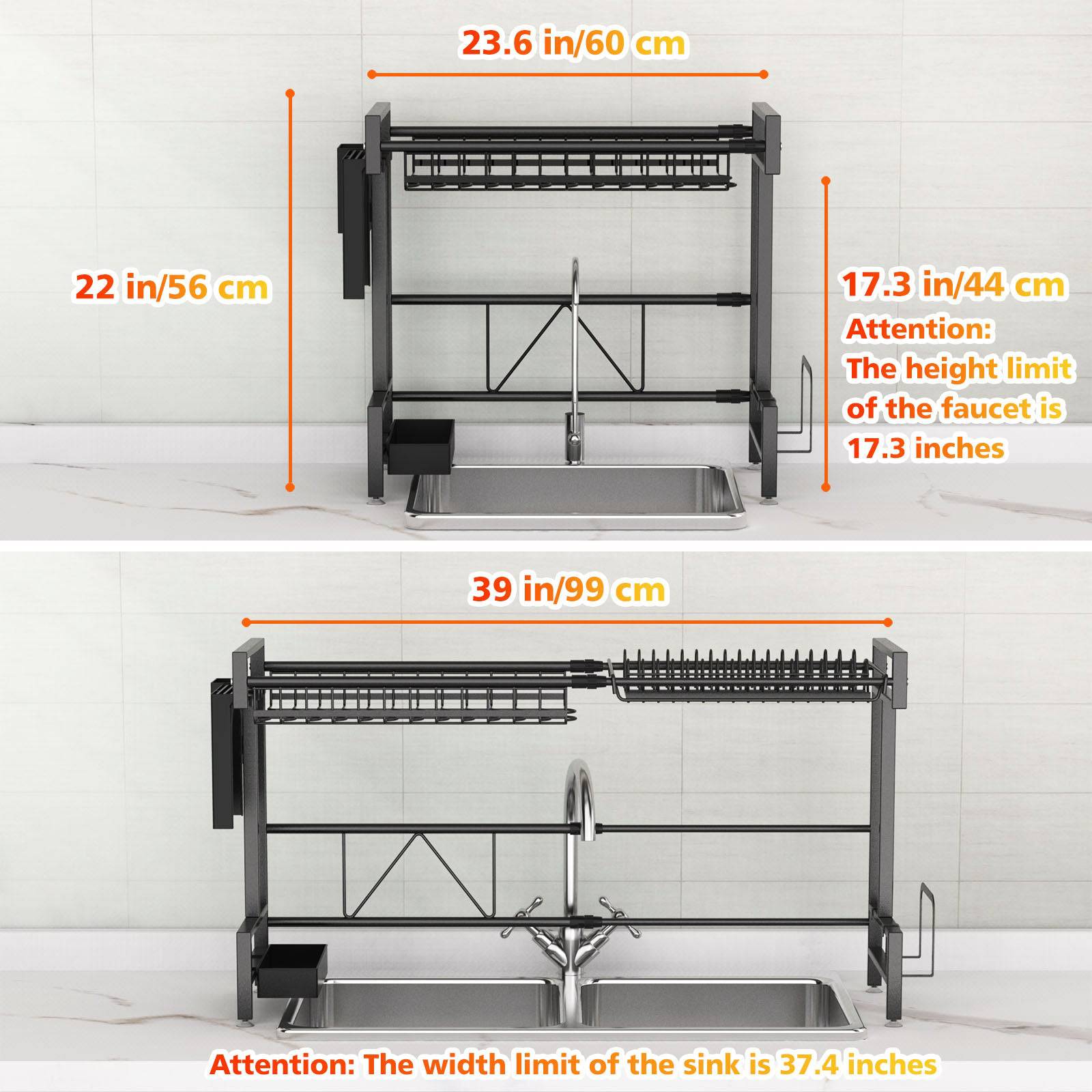 Over The Sink Dish Drying Rack, 2 Tiers Stainless Steel Dish Racks For Kitchen Counter, Large Dish Drainer With Utensil Holder, Cutting Board Holder, Kitchen Drying Rack-Black - Growtochoice LLC