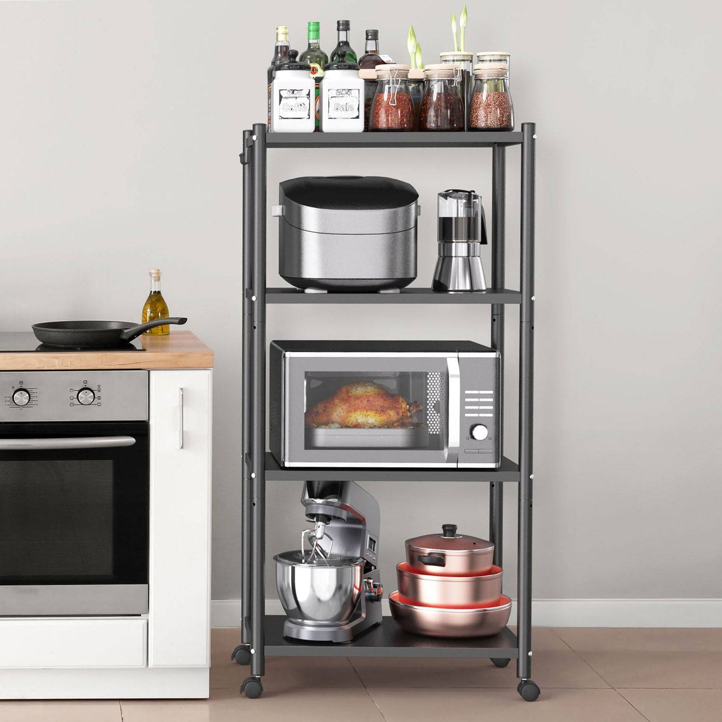 Ambitelligence Kitchen Bakers Rack, Heavy Duty Bakers Rack 4-Tier Free Standing Kitchen Storage Shelf Rack Hight Adjustable With Wheels & Feet, Industrial Metal Microwave Oven Stand Black - Growtochoice LLC