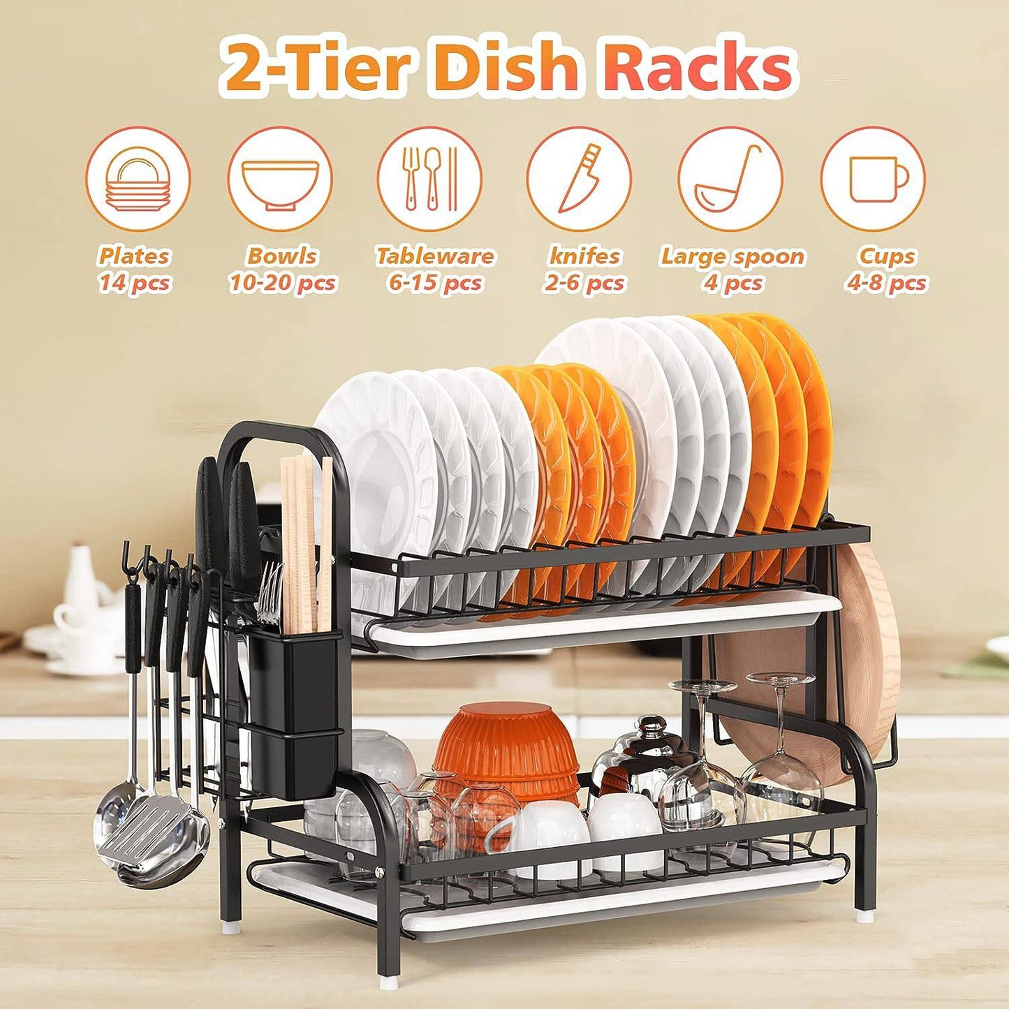 Dish Drying Rack, 2-Tier Dish Racks For Kitchen Counter, Sink Dish Drainer With Drainboard, Utensil Holder And Cutting Board Holder, Stainless Steel Kitchen Drying Rack-Black - Growtochoice LLC