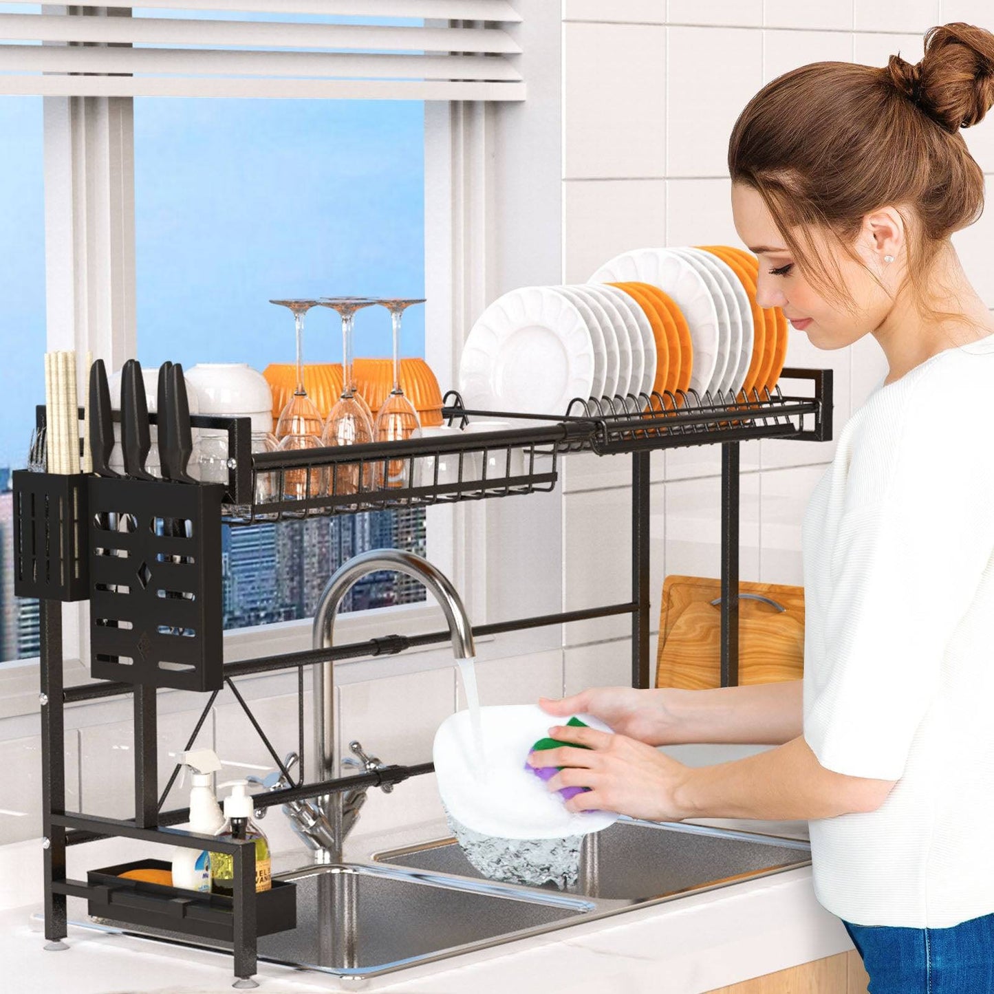 Over The Sink Dish Drying Rack, 2 Tiers Stainless Steel Dish Racks For Kitchen Counter, Large Dish Drainer With Utensil Holder, Cutting Board Holder, Kitchen Drying Rack-Black - Growtochoice LLC