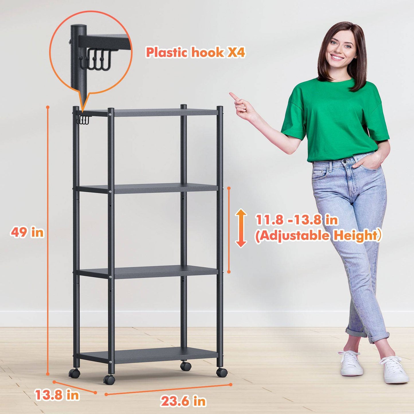 Ambitelligence Kitchen Bakers Rack, Heavy Duty Bakers Rack 4-Tier Free Standing Kitchen Storage Shelf Rack Hight Adjustable With Wheels & Feet, Industrial Metal Microwave Oven Stand Black - Growtochoice LLC