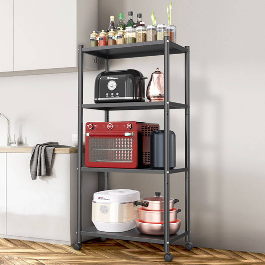 Ambitelligence Kitchen Bakers Rack, Heavy Duty Bakers Rack 4-Tier Free Standing Kitchen Storage Shelf Rack Hight Adjustable With Wheels & Feet, Industrial Metal Microwave Oven Stand Black - Growtochoice LLC