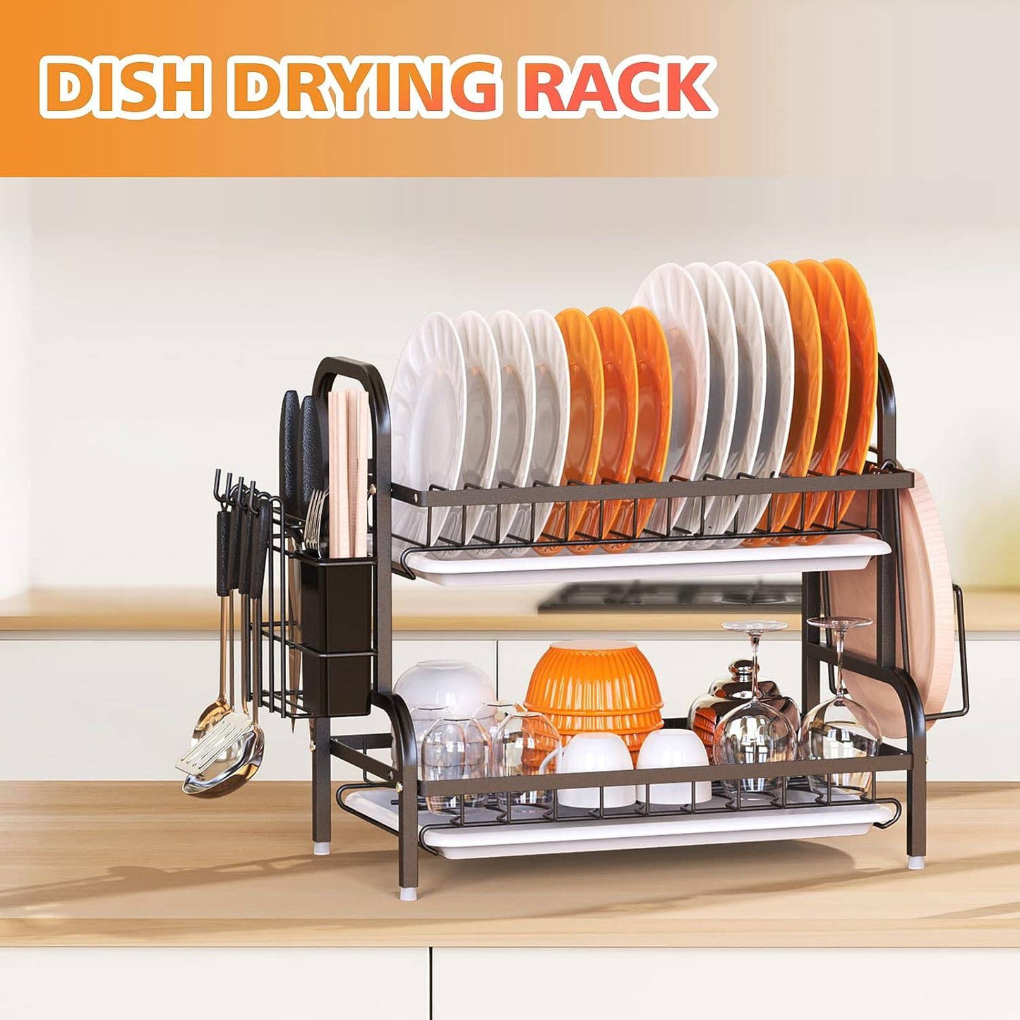 Dish Drying Rack, 2-Tier Dish Racks For Kitchen Counter, Sink Dish Drainer With Drainboard, Utensil Holder And Cutting Board Holder, Stainless Steel Kitchen Drying Rack-Black - Growtochoice LLC