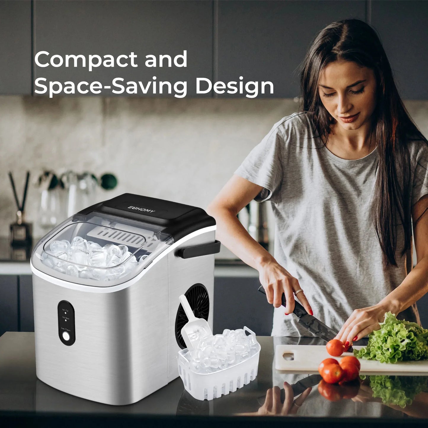 Portable Countertop Ice Maker with Handle – 26 lbs/24H, 9 Ice Cubes in 6 Minutes, Self-Cleaning Ice Machine for Home, Kitchen, Office – Silver