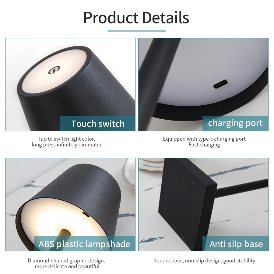 Rechargeable LED Table Lamp Touch Switch 3 Levels Dimmable Desk Lights Bar Club Dinner Creative Decorative Ambient Lighting - Growtochoice LLC