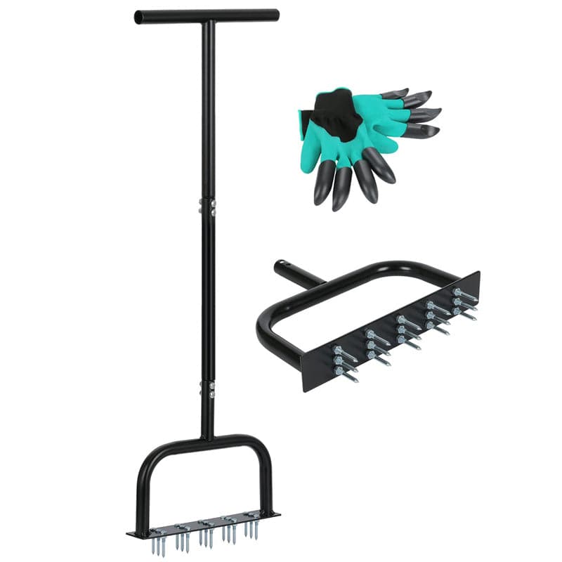 Lawn Aerator Tool Manual Metal Spike Grass Aeration With Dethatching Rake 15 Iron Spikes For Yard And Garden Compacted Soil Aerator Tool Black - Growtochoice LLC