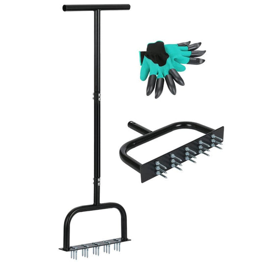 Lawn Aerator Tool Manual Metal Spike Grass Aeration With Dethatching Rake 15 Iron Spikes For Yard And Garden Compacted Soil Aerator Tool Black - Growtochoice LLC