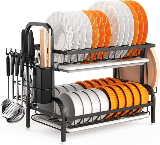 Dish Drying Rack, 2-Tier Dish Racks For Kitchen Counter, Sink Dish Drainer With Drainboard, Utensil Holder And Cutting Board Holder, Stainless Steel Kitchen Drying Rack-Black - Growtochoice LLC