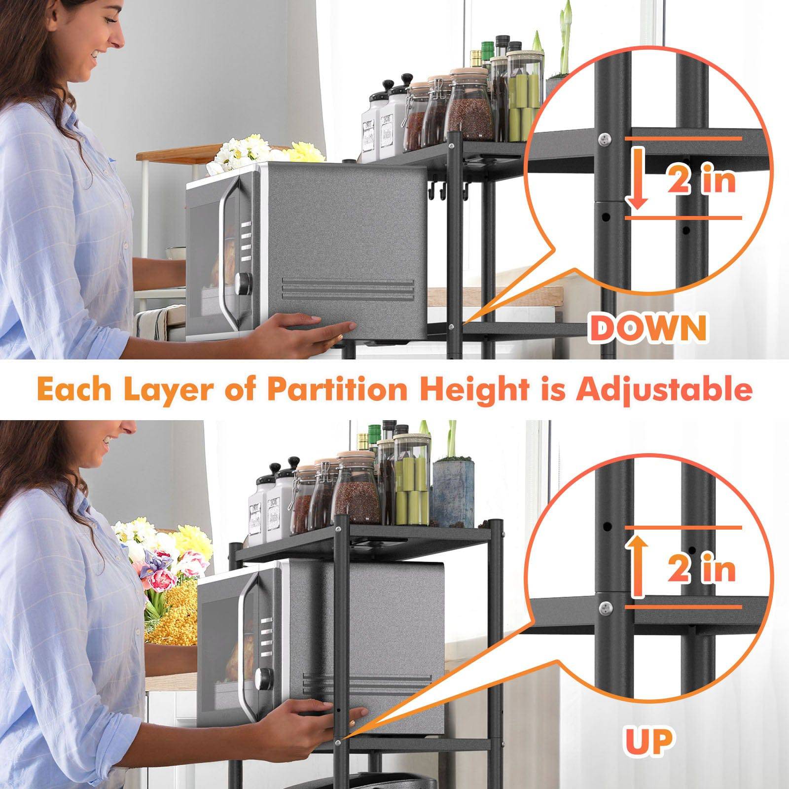 Ambitelligence Kitchen Bakers Rack, Heavy Duty Bakers Rack 4-Tier Free Standing Kitchen Storage Shelf Rack Hight Adjustable With Wheels & Feet, Industrial Metal Microwave Oven Stand Black - Growtochoice LLC