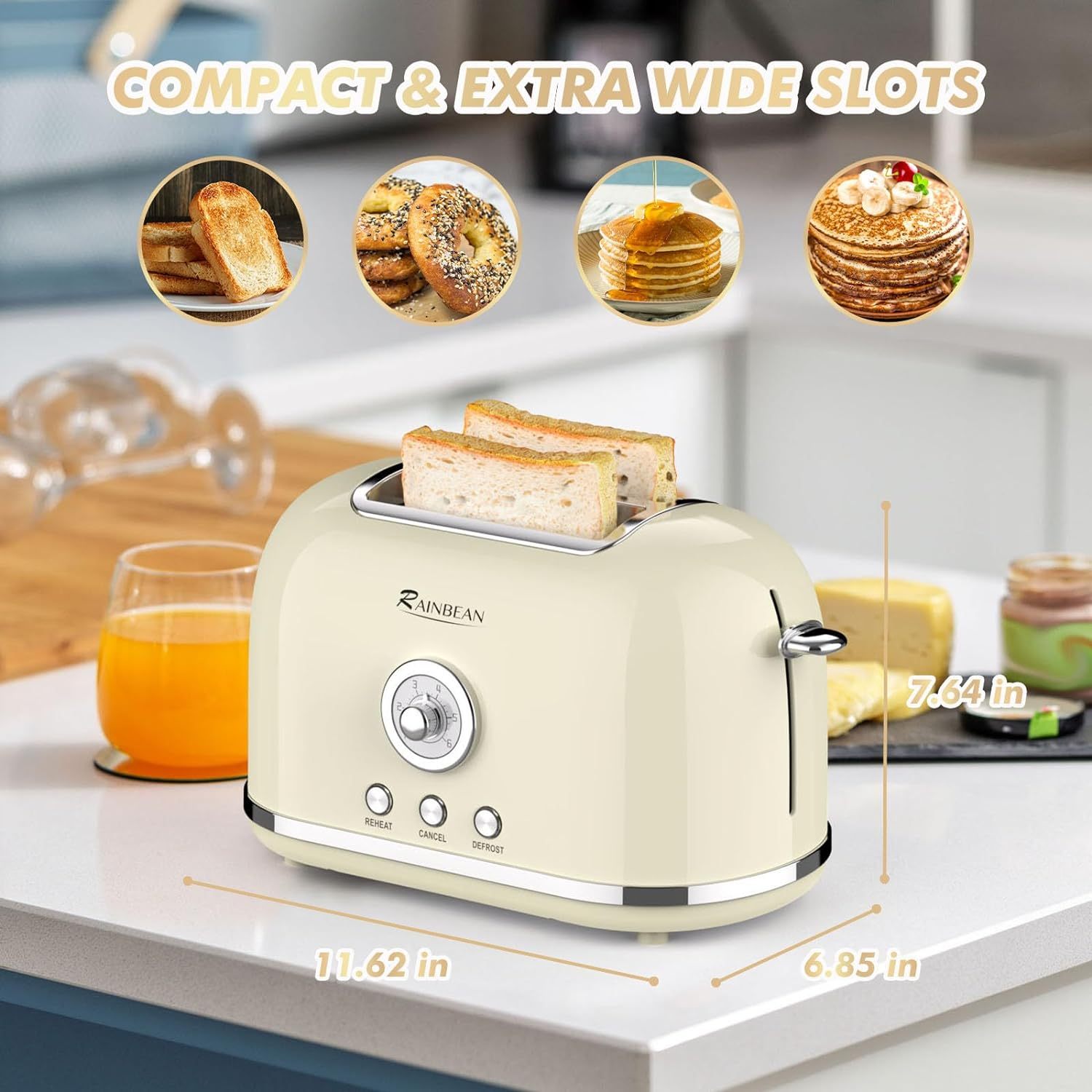 Toaster 2 Slice Retro Toaster Stainless Steel With 6 Bread Shade Settings And Bagel Cancel Defrost Reheat Function, Cute Bread Toaster With Extra Wide Slot And Removable Crumb Tray - Growtochoice LLC