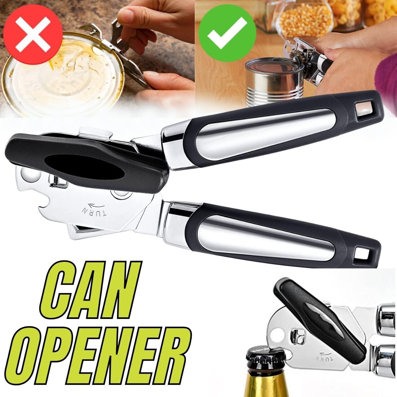 Can Opener Manual, Handheld Strong Heavy Duty Can Opener, Anti-slip Hand Grip, Stainless Steel Sharp Blade - Growtochoice LLC
