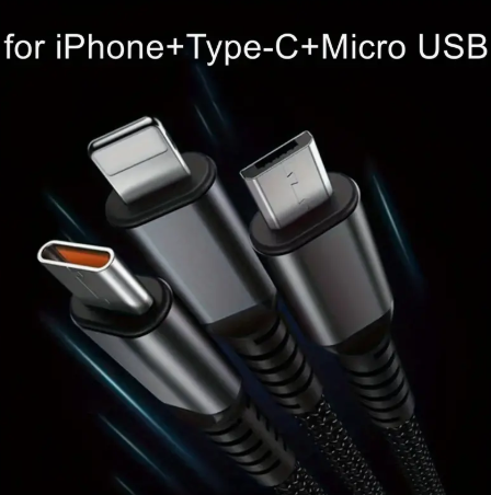 100W 3-in-1 Fast Charge Nylon Cable - USB-C, Micro USB, Lightning - Growtochoice LLC