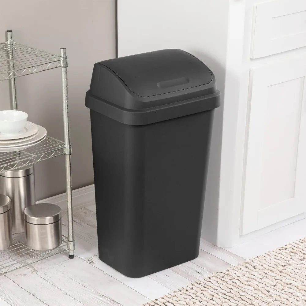 4 Pack Sterilite 13 Gallon Plastic Swing Top Spave Saving Flat Side Lidded Wastebasket Trash Can for Kitchen, Garage, or Workspace, - Growtochoice LLC
