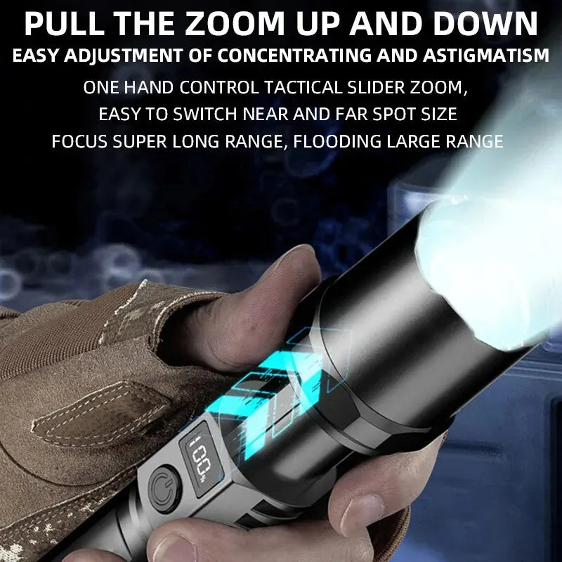**High Power XHP100 LED Flashlight - Rechargeable, Retractable with Digital Zoom, USB Hand Light for Camping, Outdoor, and Emergency Use** - Growtochoice LLC