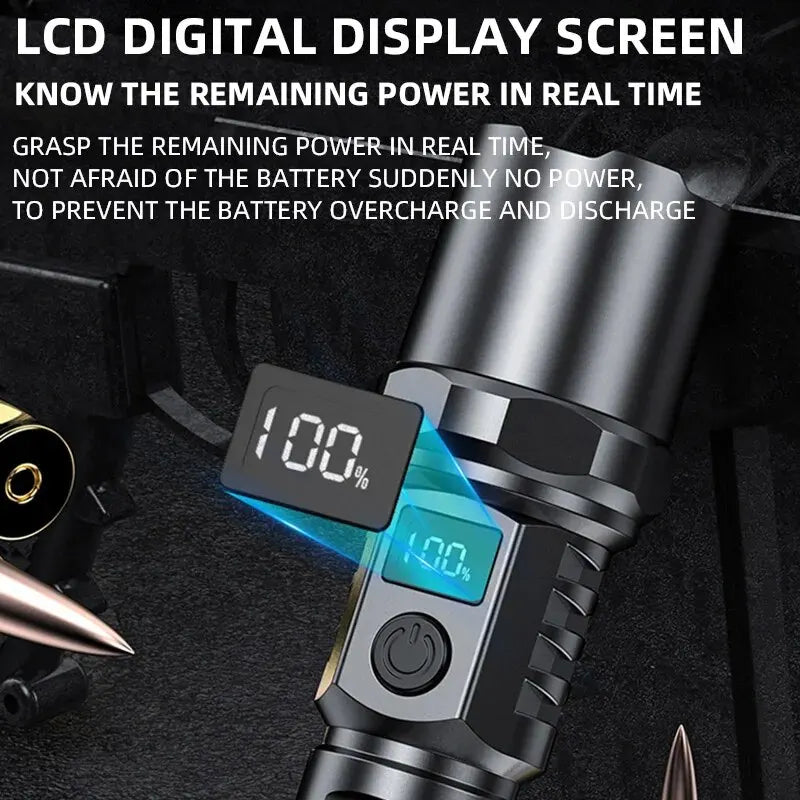 **High Power XHP100 LED Flashlight - Rechargeable, Retractable with Digital Zoom, USB Hand Light for Camping, Outdoor, and Emergency Use** - Growtochoice LLC