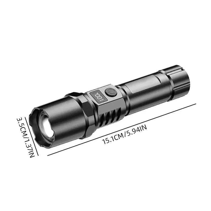 **High Power XHP100 LED Flashlight - Rechargeable, Retractable with Digital Zoom, USB Hand Light for Camping, Outdoor, and Emergency Use** - Growtochoice LLC