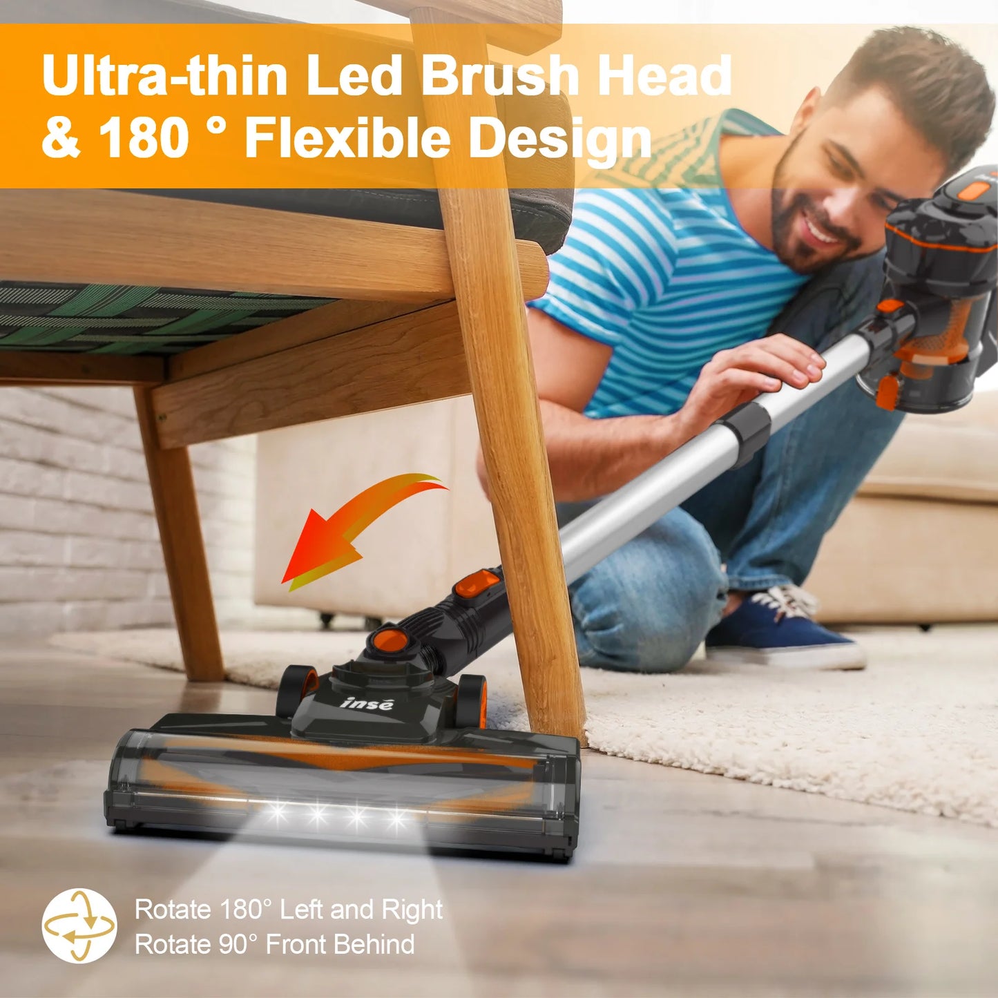 INSE V770 Cordless Vacuum, Powerful Brushless Motor, Quiet & Lightweight, Orange - Growtochoice LLC