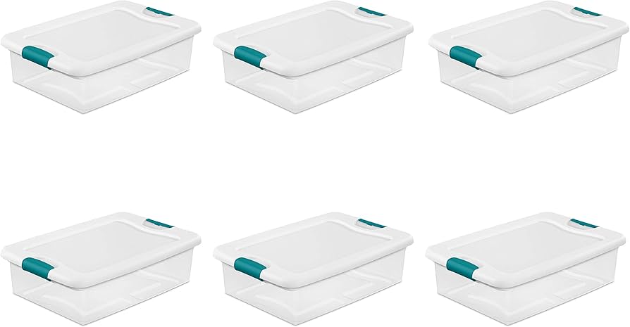 Sterilite 32 Qt. Latch Box Plastic, Stadium Handles Are Teal Color, Set of 6 - Growtochoice LLC