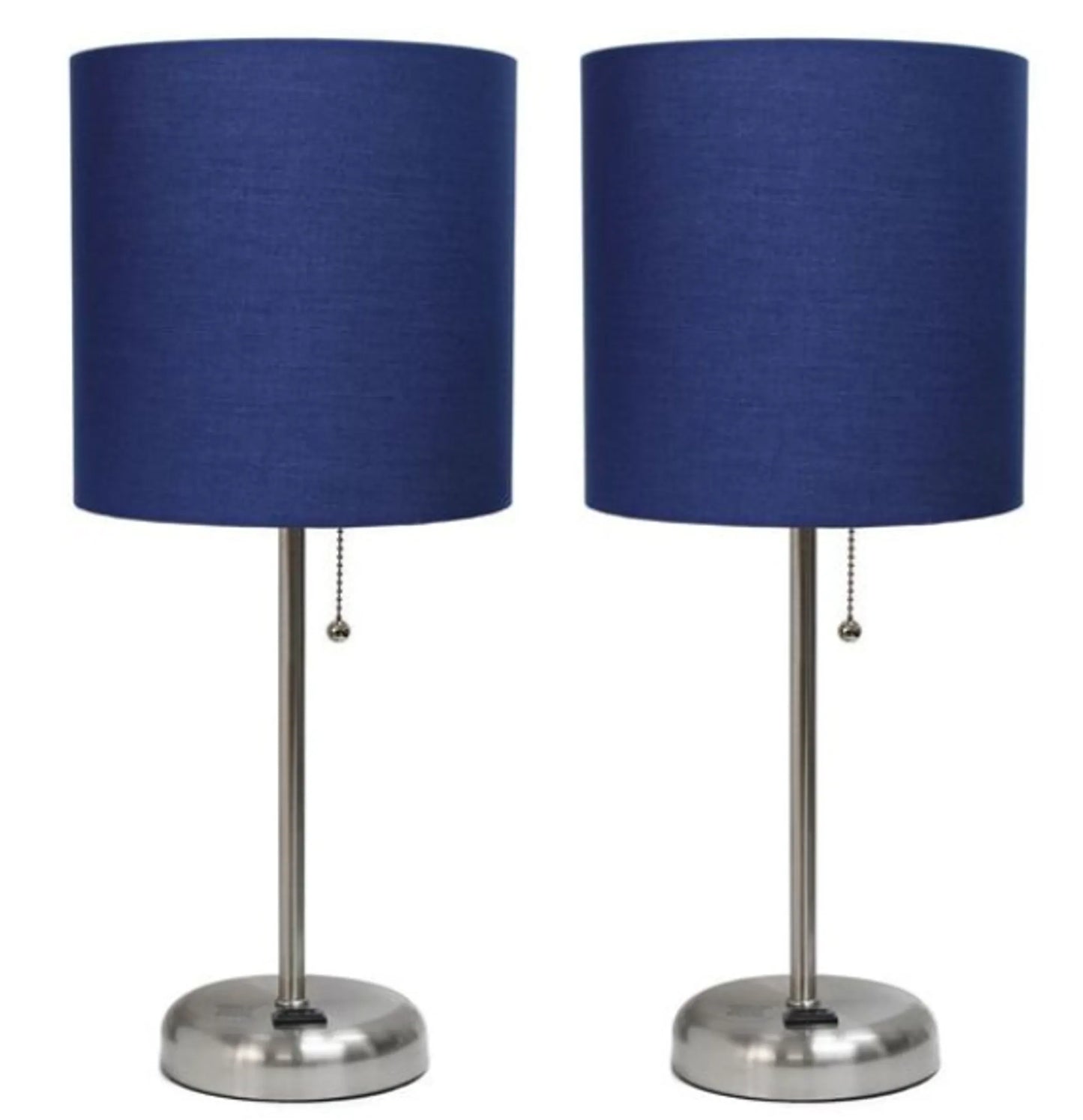 Lime Lights Set of 2 Brushed Steel Table Lamps with Fabric Shades and Charging Outlets