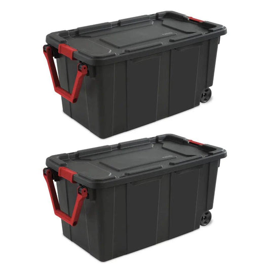 40 Gallon Wheeled Industrial Tote Plastic, Black, Set of 2 storage box boite de rangement - Growtochoice LLC