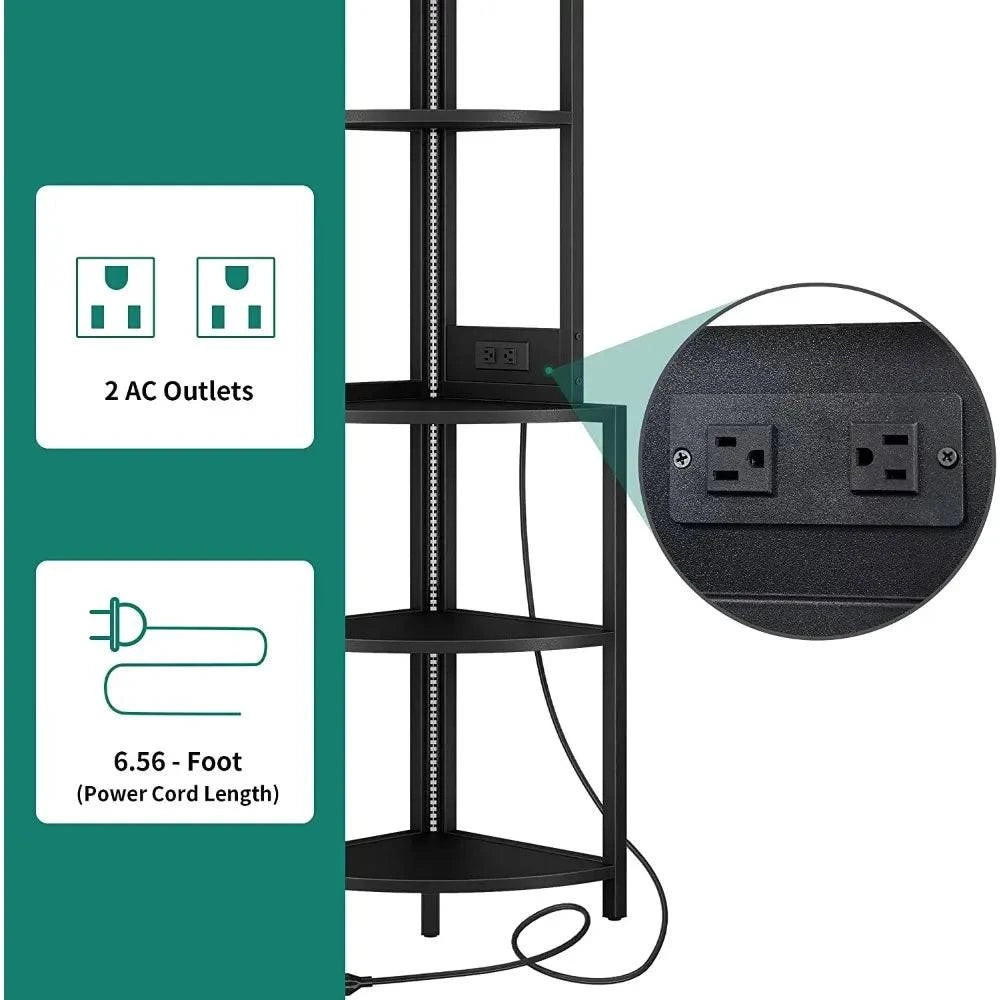 62.3" Tall Corner Shelf with Power Outlets, LED Lights, 5-Tier Corner Bar Cabinet with Glass Holder, Black - Growtochoice LLC