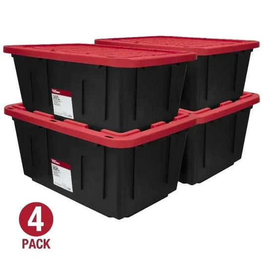 27 Gallon Stackable Snap Lid Plastic Storage Bin Container, Black with Red Lid, Set of 4 - Growtochoice LLC