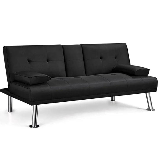 Fashion Modern Fabric Reclining Futon with Cupholders and Pillows, Black Living Room Sofas - Growtochoice LLC