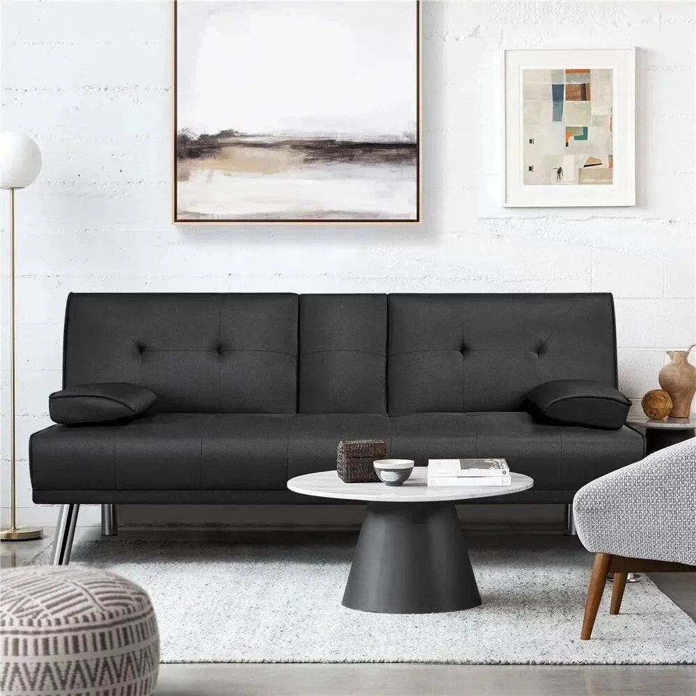 Fashion Modern Fabric Reclining Futon with Cupholders and Pillows, Black Living Room Sofas - Growtochoice LLC