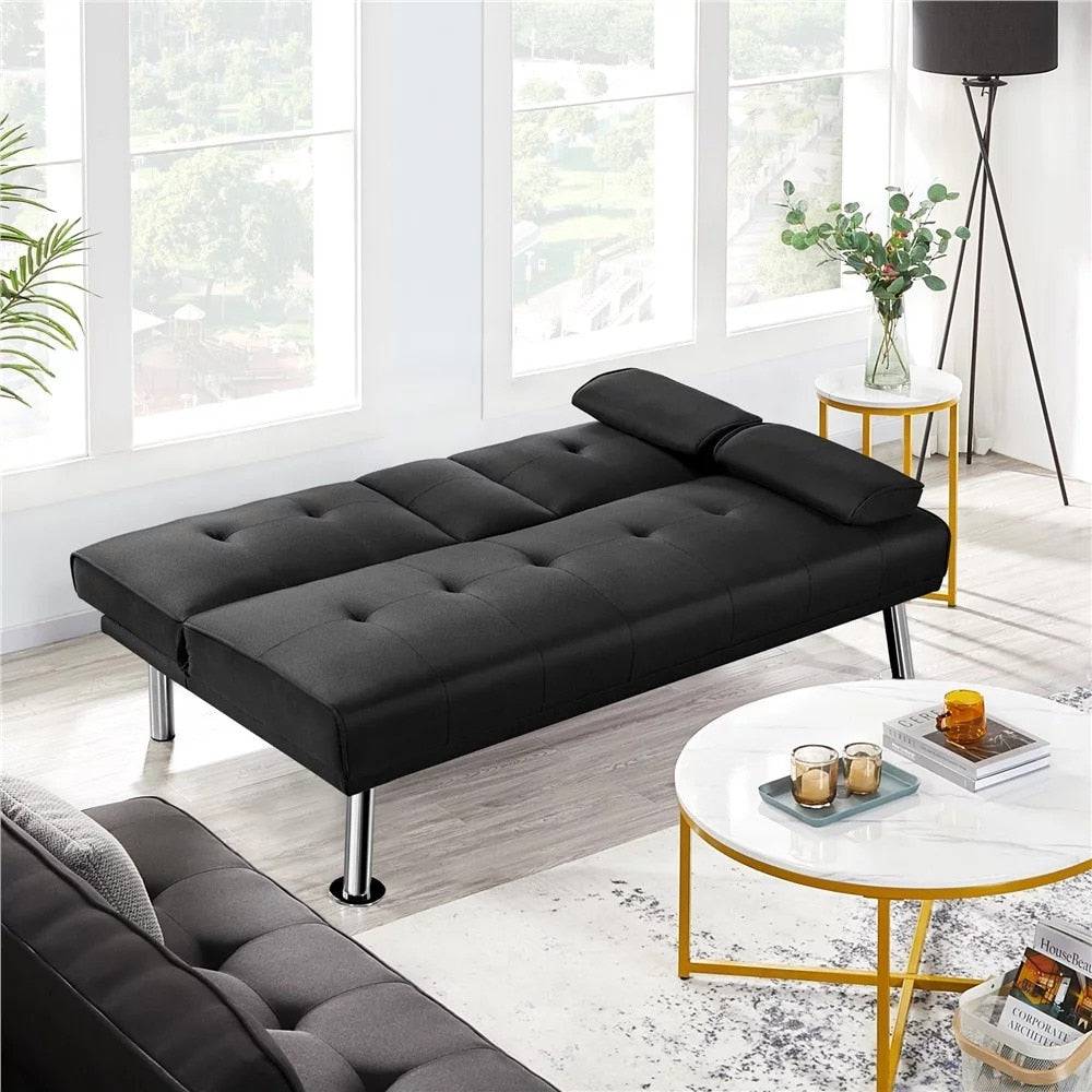 Fashion Modern Fabric Reclining Futon with Cupholders and Pillows, Black Living Room Sofas - Growtochoice LLC