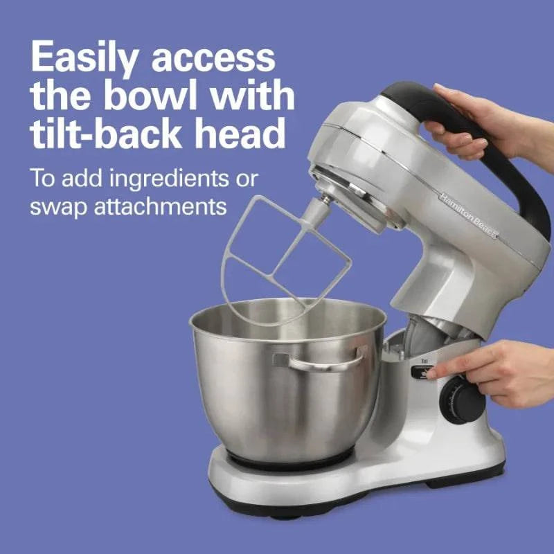 Hamilton Beach Electric Stand Mixer with 4 Quart Stainless Bowl, 7 Speeds, Whisk, Dough Hook, and Flat Beater Attachments,Splash - Growtochoice LLC