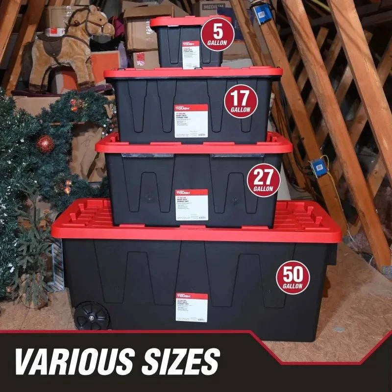 Hyper Tough 12 Gallon Snap Lid Storage Bin Container, Black with Red Lid, Set of 4 storage box - Growtochoice LLC