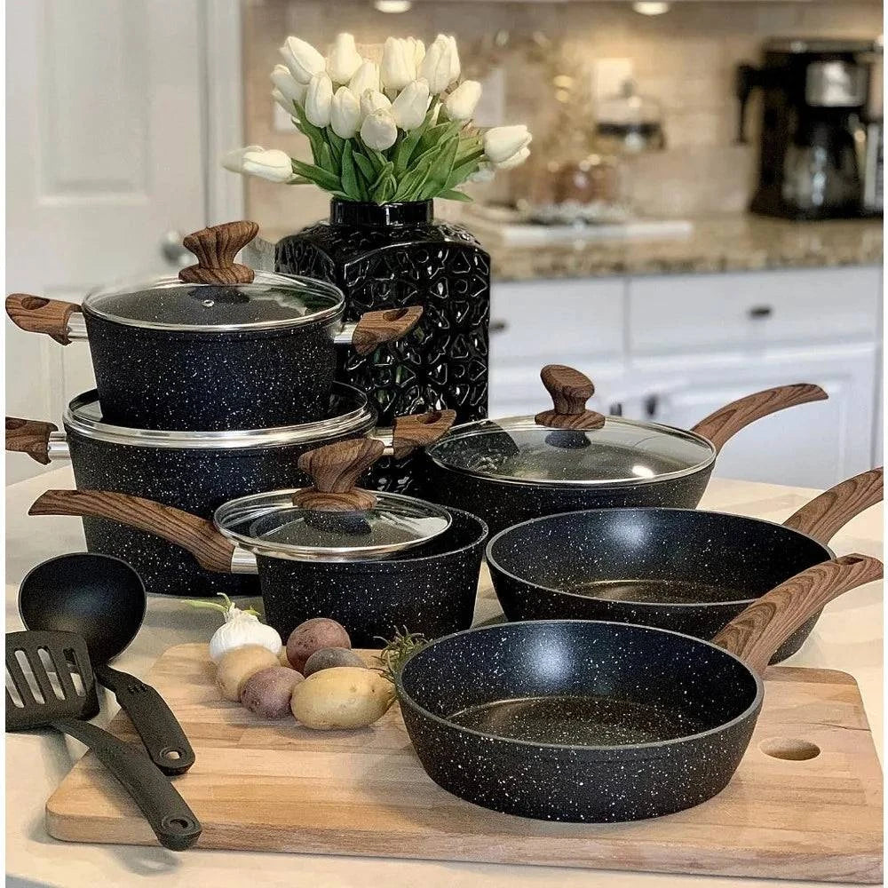Kitchen Academy Induction Cookware Sets - 12 Piece Granite Black Nonstick Cooking Pan Set - Growtochoice LLC