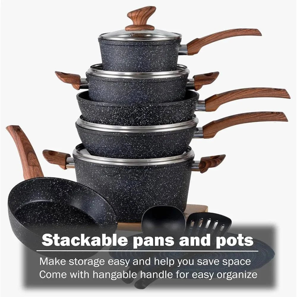 Kitchen Academy Induction Cookware Sets - 12 Piece Granite Black Nonstick Cooking Pan Set - Growtochoice LLC