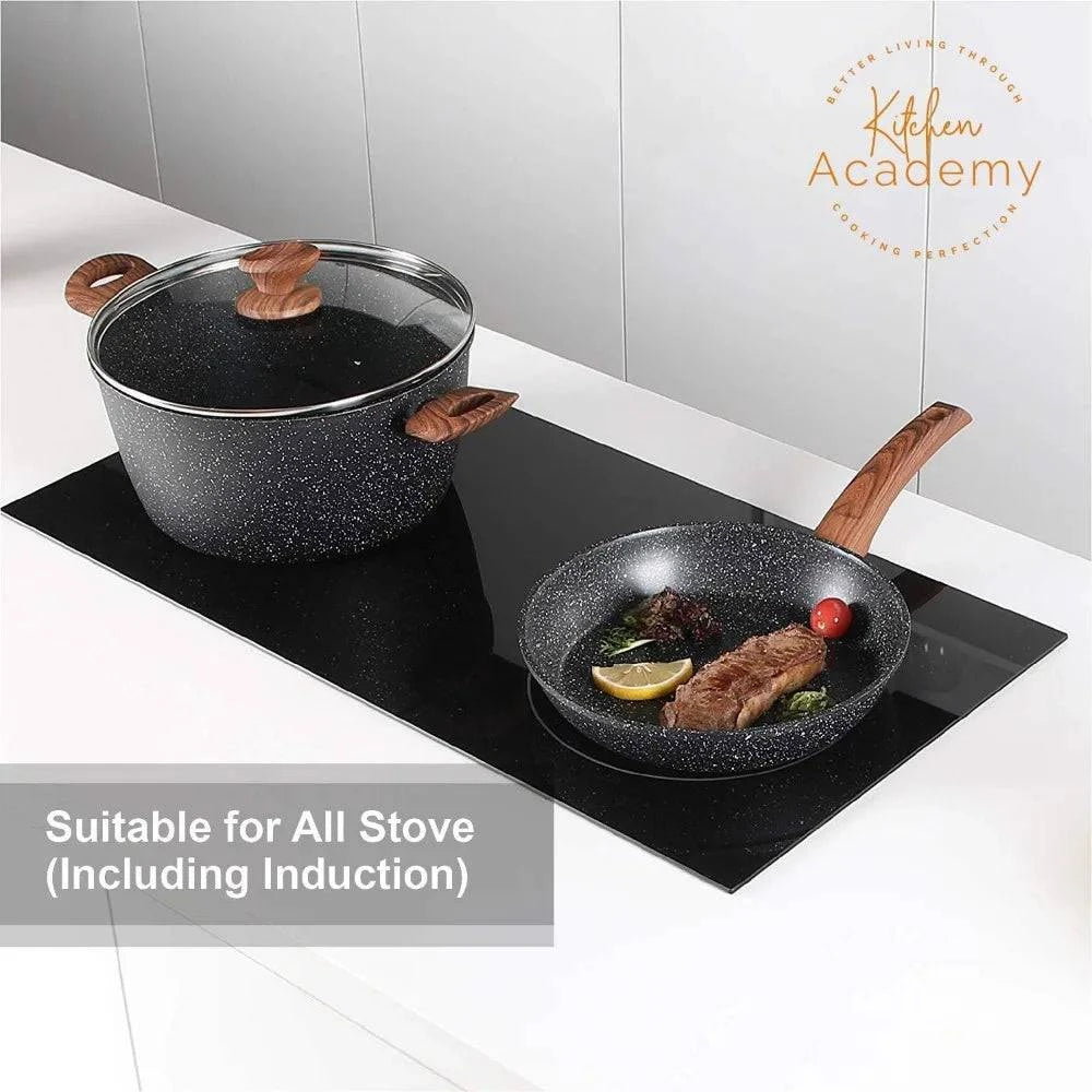 Kitchen Academy Induction Cookware Sets - 12 Piece Granite Black Nonstick Cooking Pan Set - Growtochoice LLC