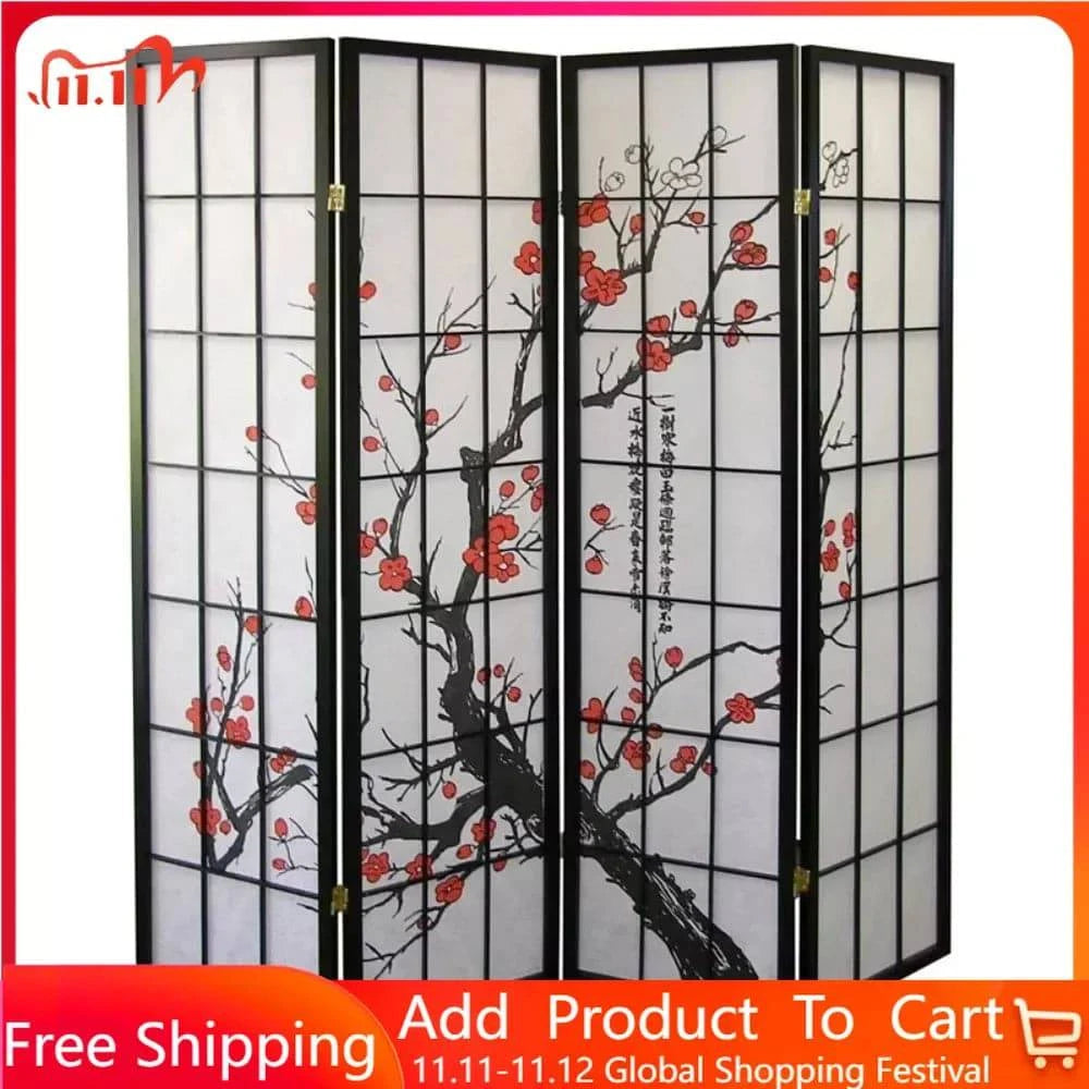 Room Divider Folding Screen Separator Japanese Plum Blossom 4 Panel Room Divider Free Shipping Black Home Decor Garden - Growtochoice LLC