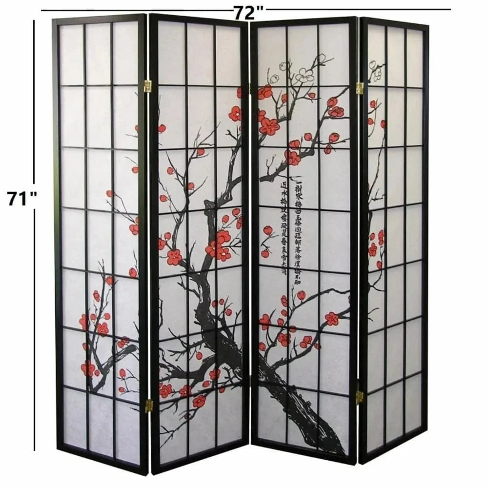 Room Divider Folding Screen Separator Japanese Plum Blossom 4 Panel Room Divider Free Shipping Black Home Decor Garden - Growtochoice LLC