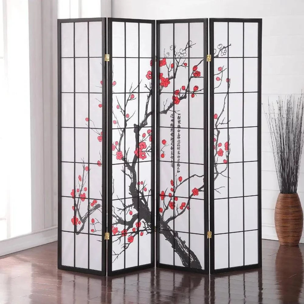 Room Divider Folding Screen Separator Japanese Plum Blossom 4 Panel Room Divider Free Shipping Black Home Decor Garden - Growtochoice LLC