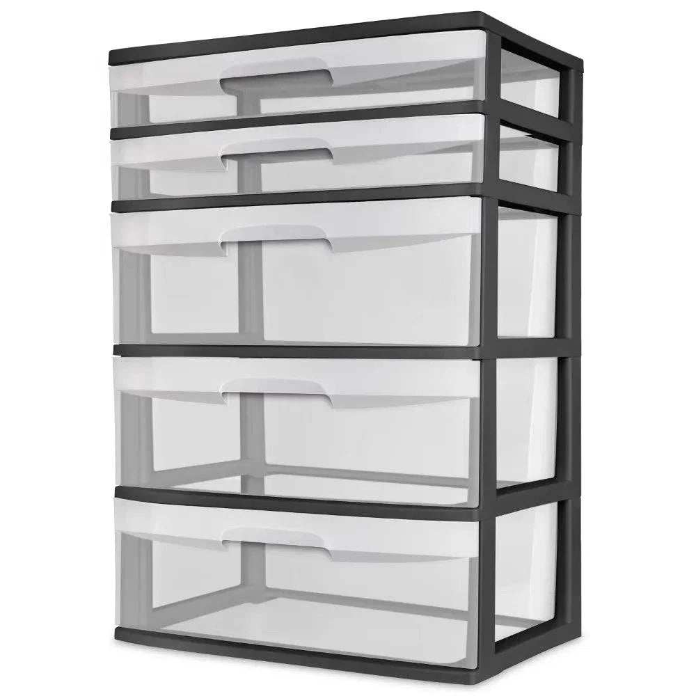 Sterilite Plastic 5 Drawer Wide Tower Black clothes organizer storage box storage containers - Growtochoice LLC