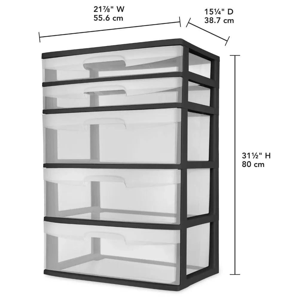 Sterilite Plastic 5 Drawer Wide Tower Black clothes organizer storage box storage containers - Growtochoice LLC