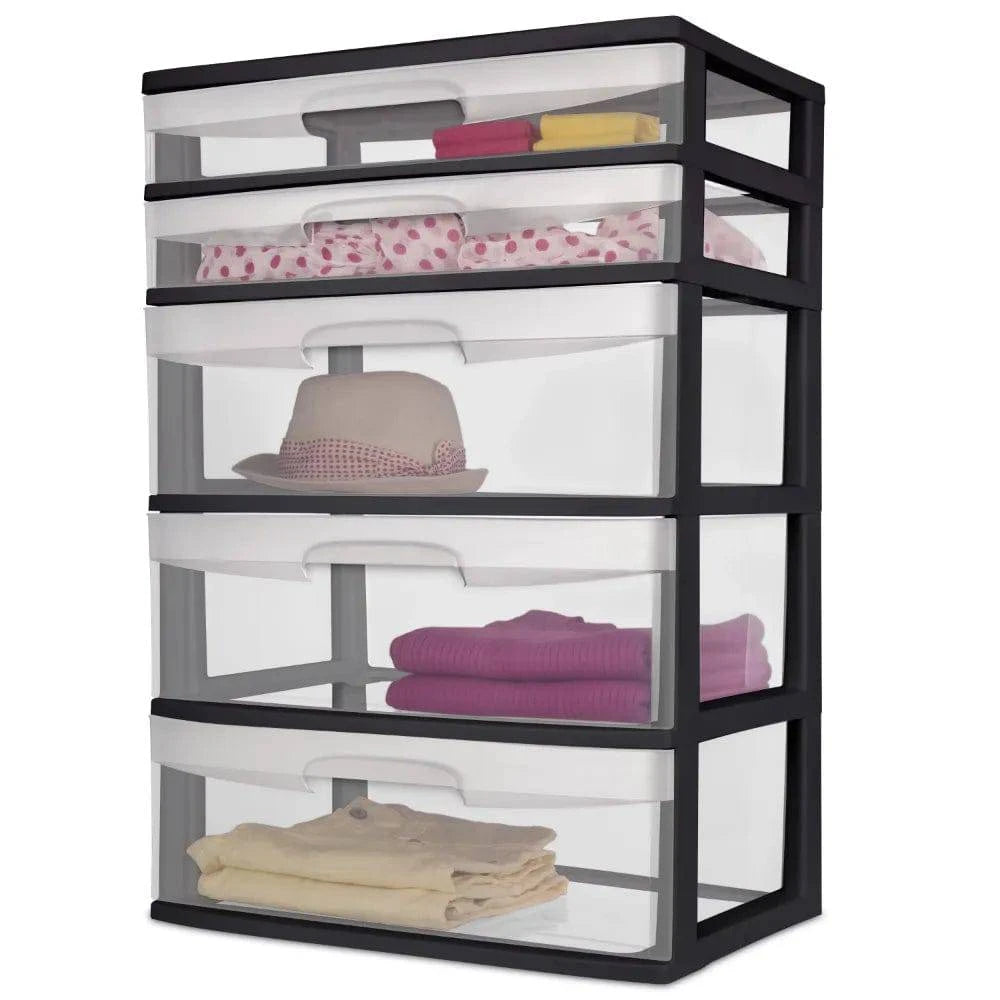 Sterilite Plastic 5 Drawer Wide Tower Black clothes organizer storage box storage containers - Growtochoice LLC