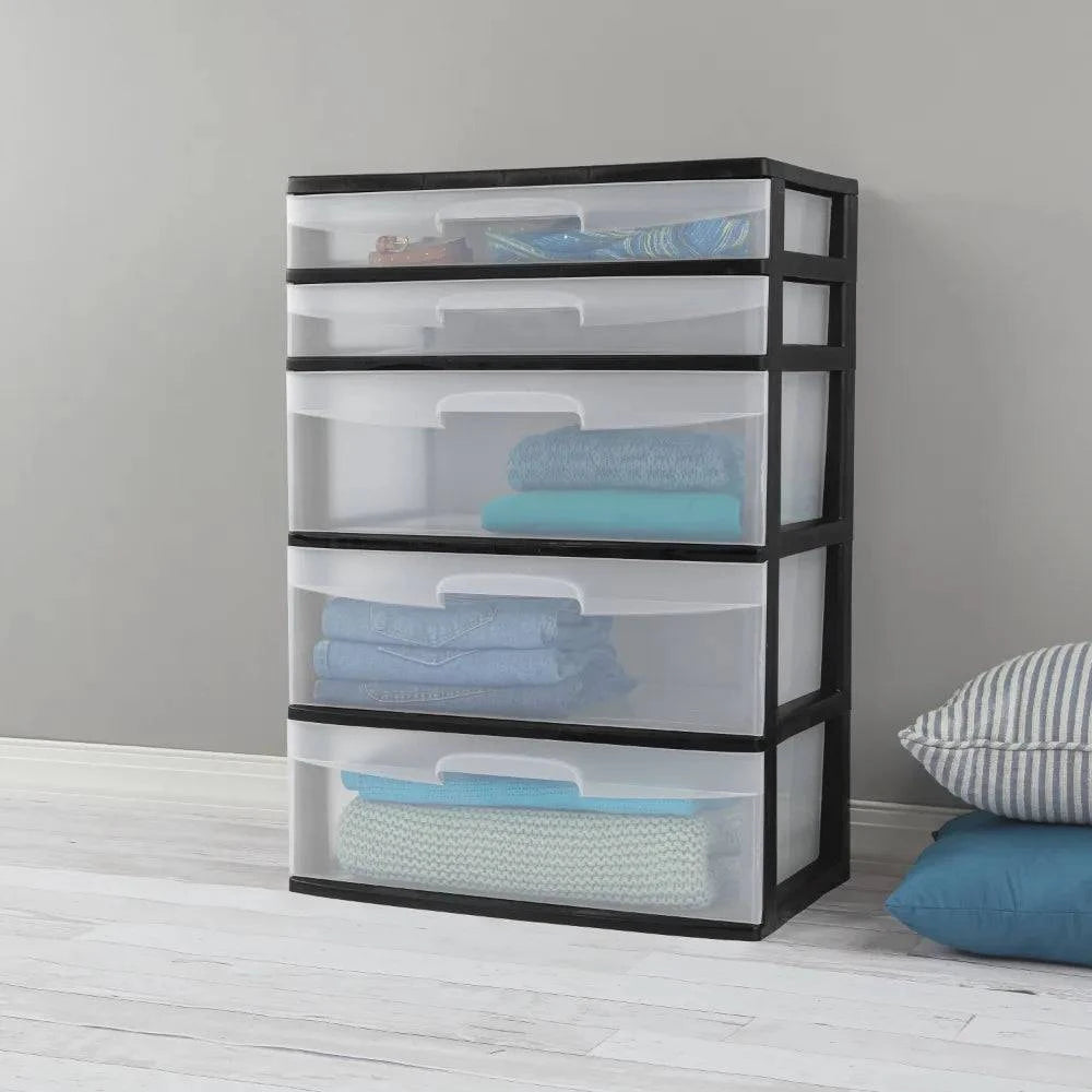 Sterilite Plastic 5 Drawer Wide Tower Black clothes organizer storage box storage containers - Growtochoice LLC