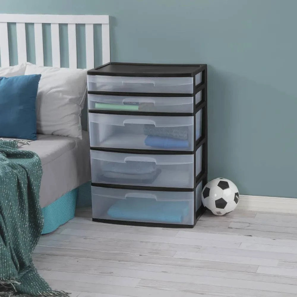 Sterilite Plastic 5 Drawer Wide Tower Black clothes organizer storage box storage containers - Growtochoice LLC
